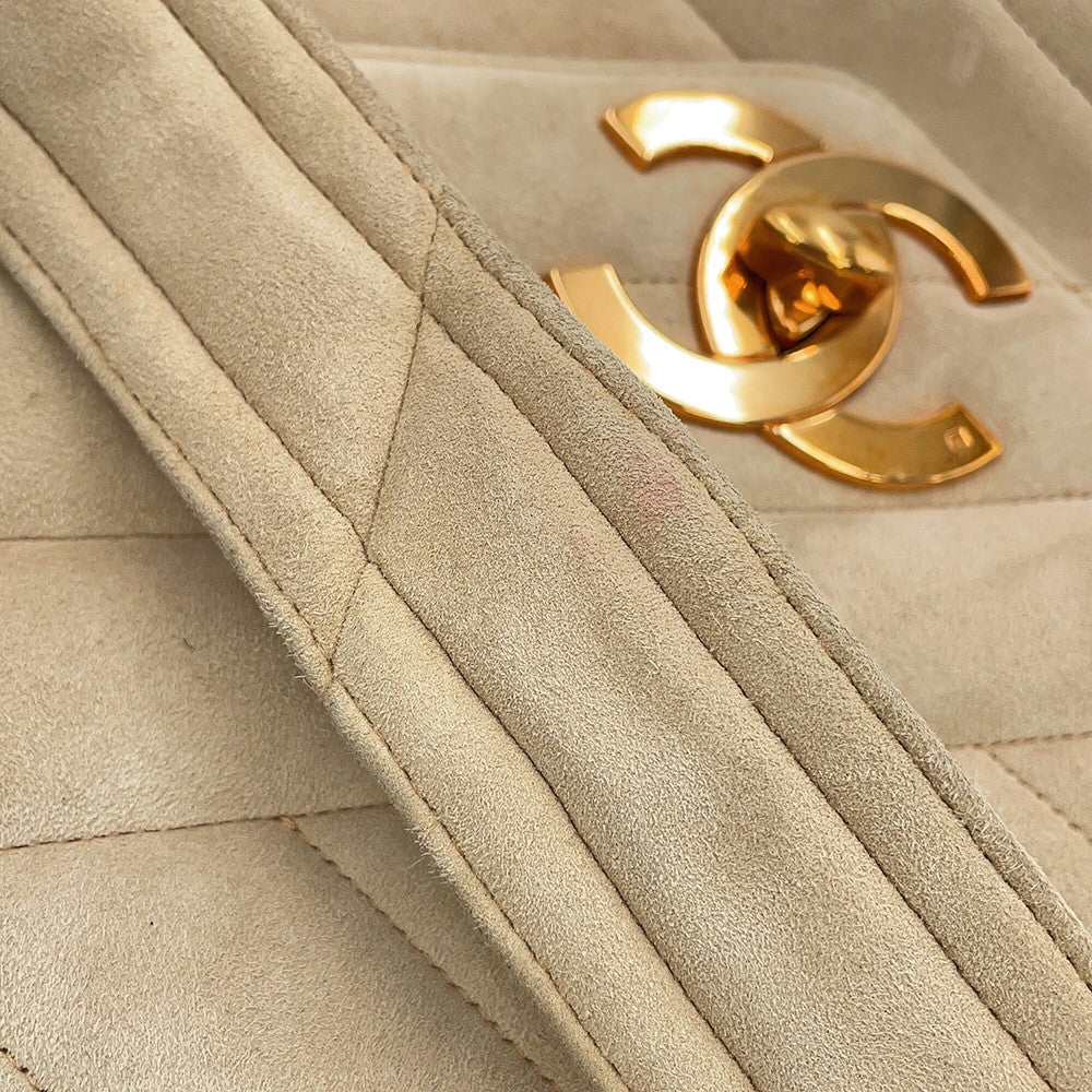 CHANEL Bias stitch Shoulder Bag Beige suede