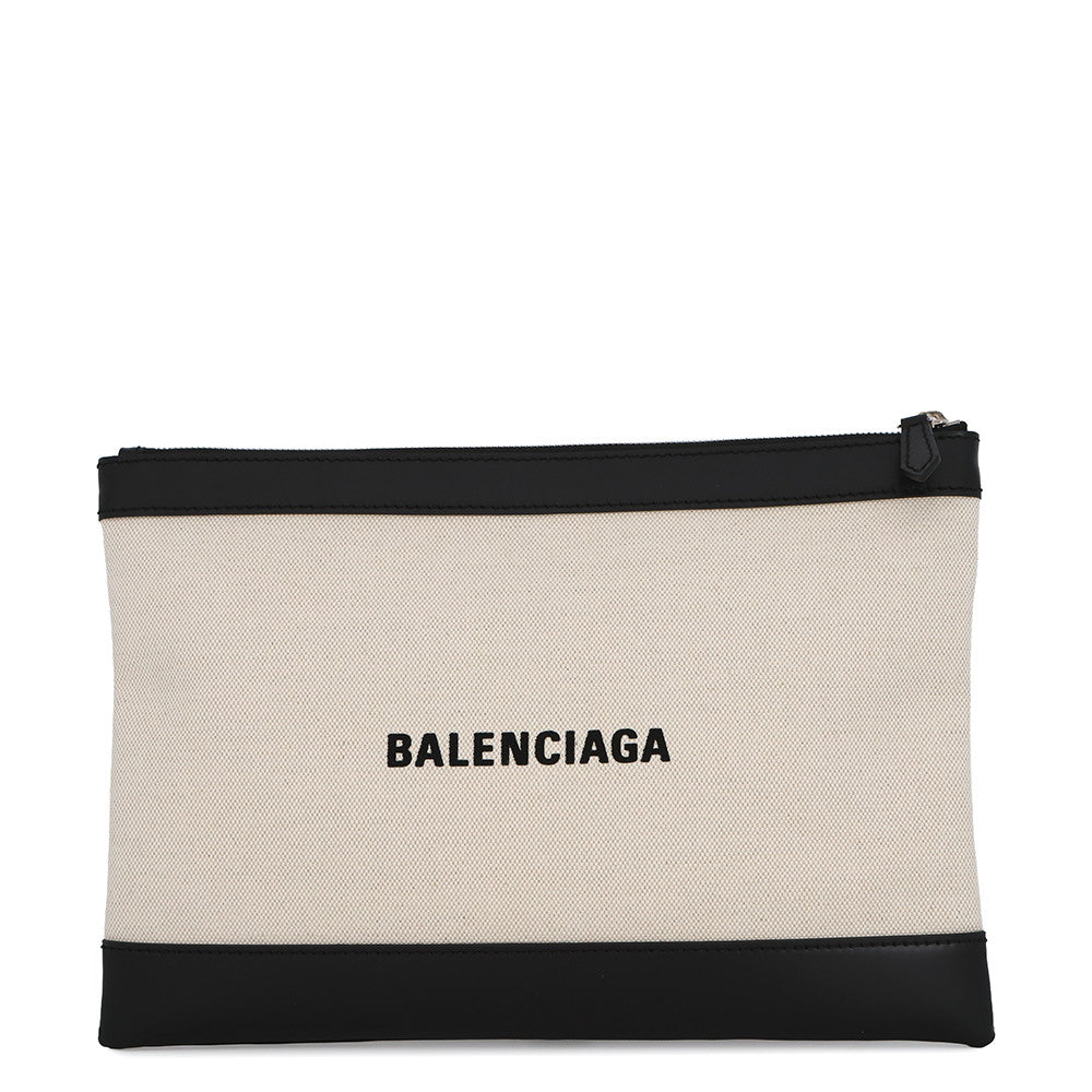 BALENCIAGA Navy Clip Clutch Back Natural/Black373834 9260 Leather Canvas