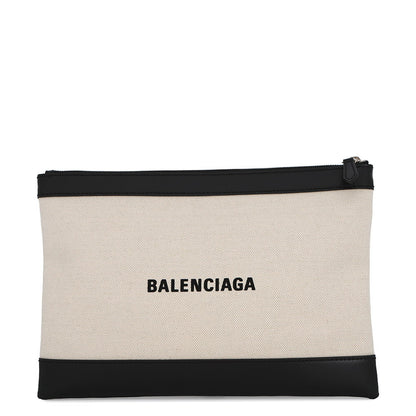 BALENCIAGA Navy Clip Clutch Back Natural/Black373834 9260 Leather Canvas