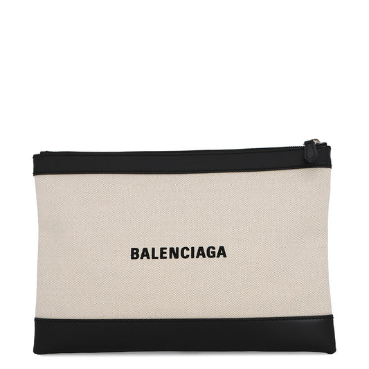 BALENCIAGA Navy Clip Clutch Back Natural/Black373834 9260 Leather Canvas