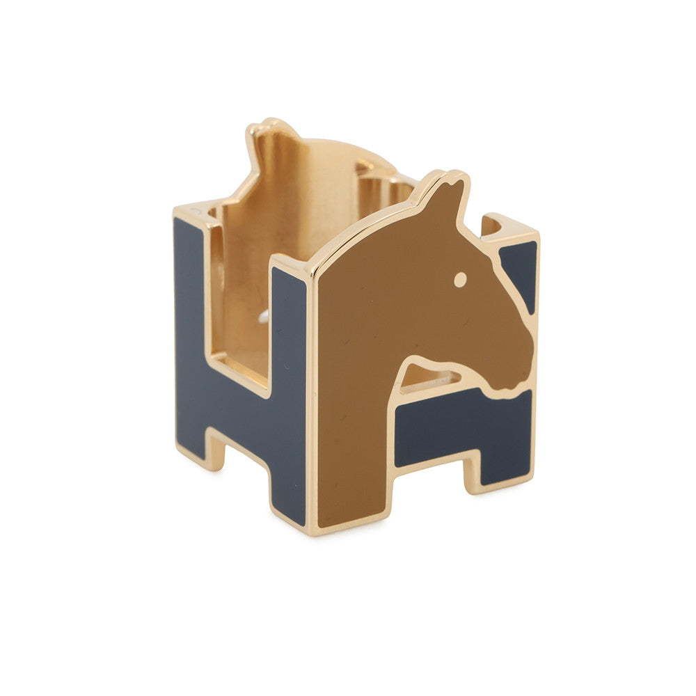 HERMES ScarfRing H Cheval Navy/Camel Metal