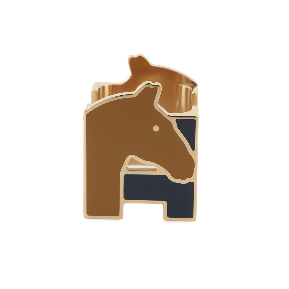 HERMES ScarfRing H Cheval Navy/Camel Metal