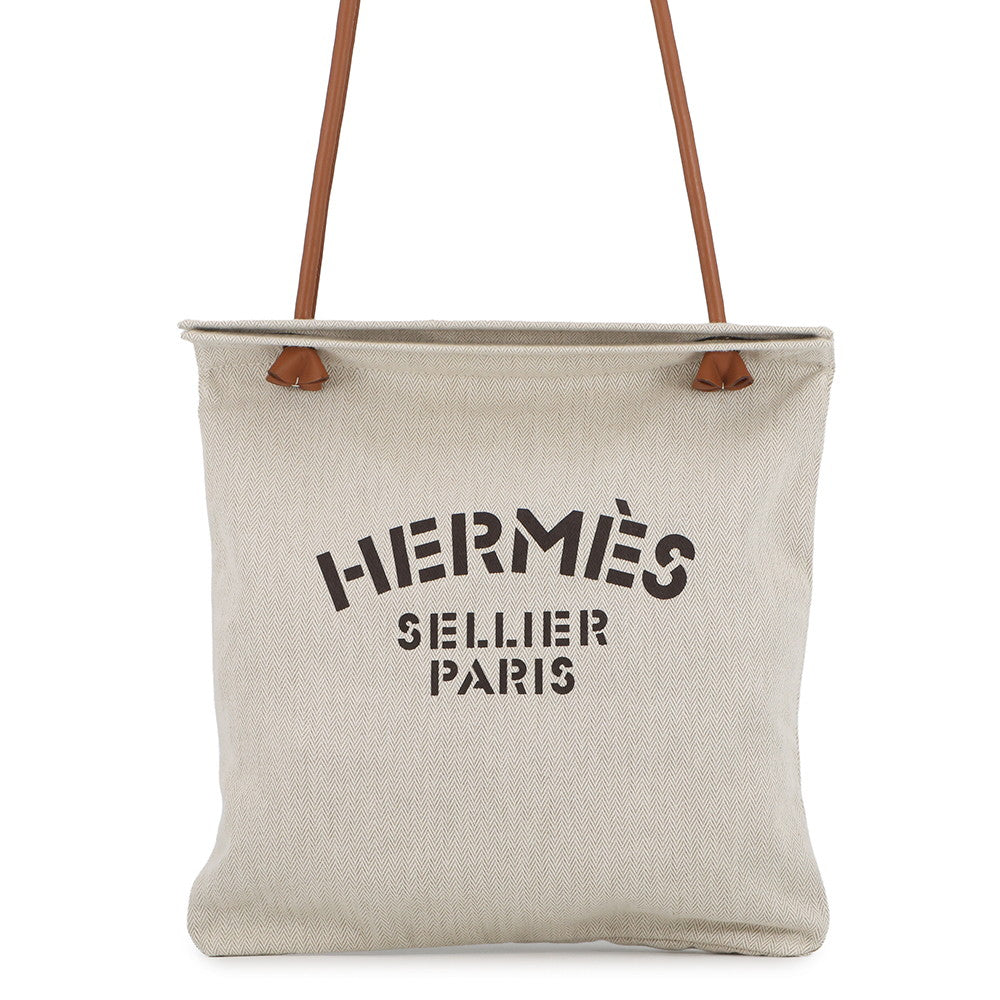 HERMES Aline Ecru/Fauve Toile Chevrons Barenia Leather Size MM