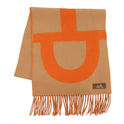 HERMES Scarf Grand Mall Orange/Brown Cashmere100%