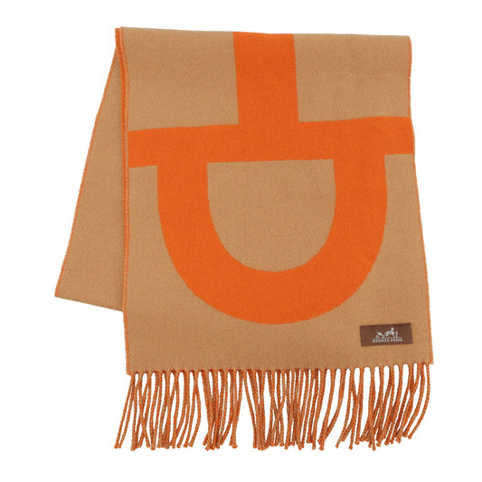 HERMES Scarf Grand Mall Orange/Brown Cashmere100%