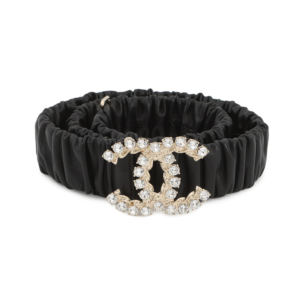 CHANEL CC Logo Belt Bijoux Size 75/30 Black Leather Rhinestone
