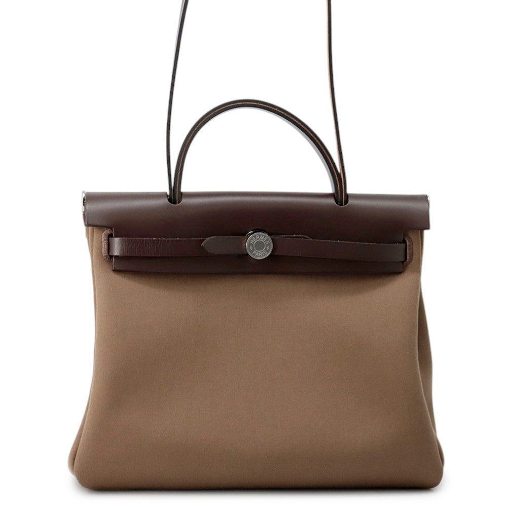 HERMES Bag Herbag Zip Tourne Etoupe/Ebene Toile Officier Vache Hunter Leather Size 31
