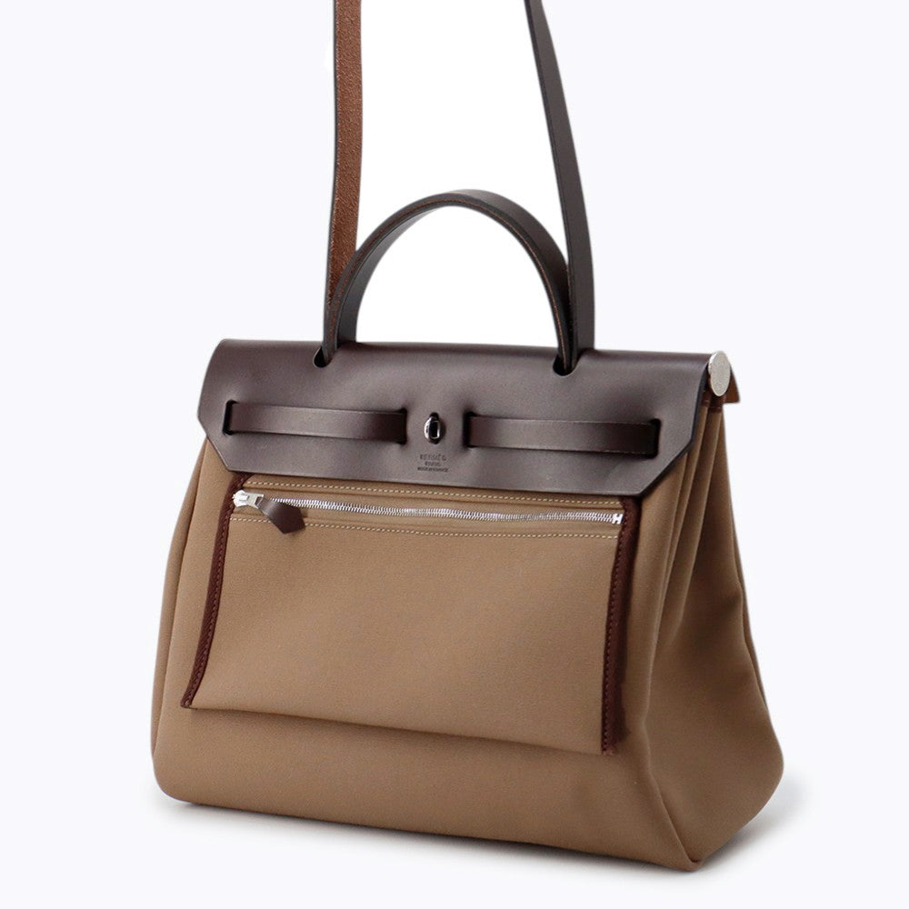 HERMES Bag Herbag Zip Tourne Etoupe/Ebene Toile Officier Vache Hunter Leather Size 31