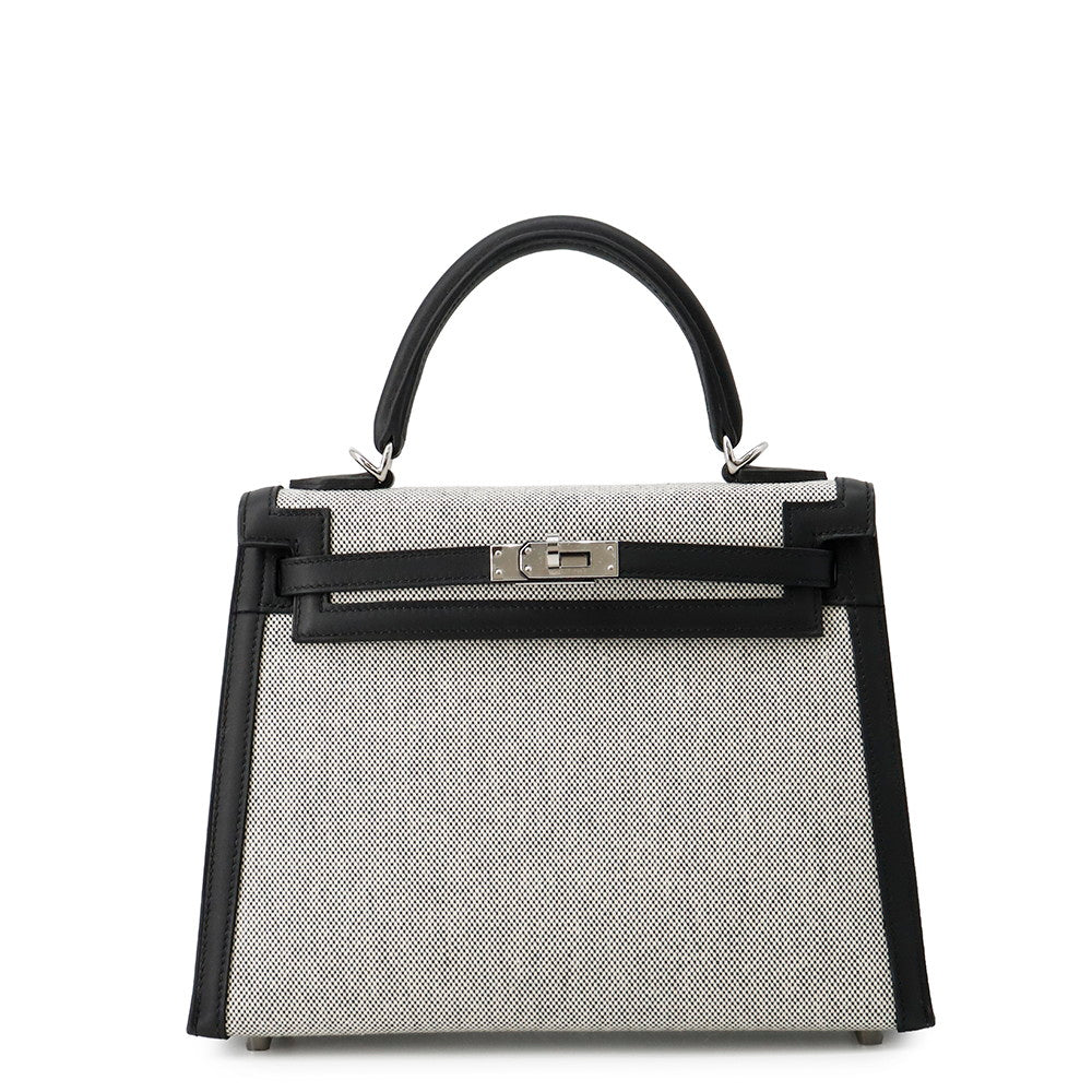 HERMES Kelly Sellier Ecru/Black Toile H Swift Leather Size 25