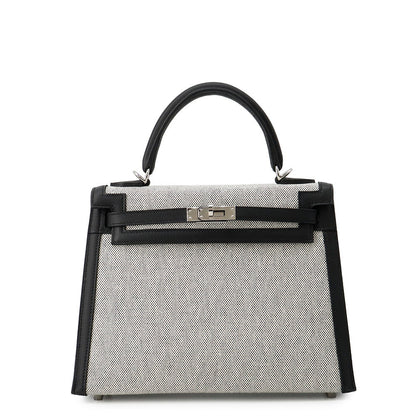 HERMES Kelly Sellier Ecru/Black Toile H Swift Leather Size 25