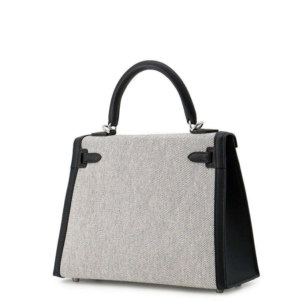 HERMES Kelly Sellier Ecru/Black Toile H Swift Leather Size 25