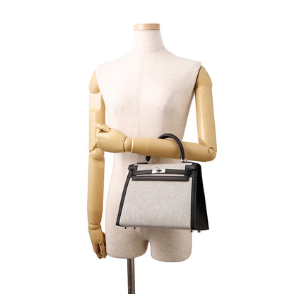 HERMES Kelly Sellier Ecru/Black Toile H Swift Leather Size 25