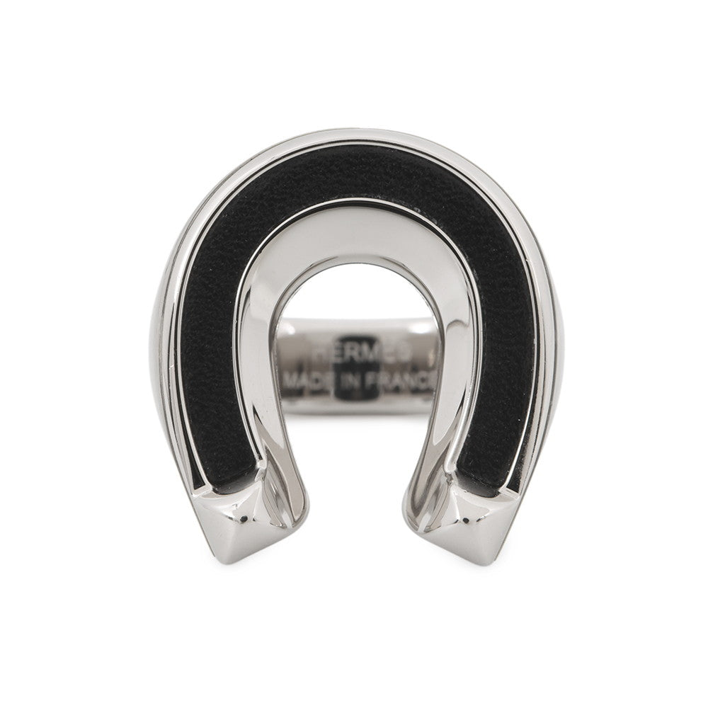HERMES Ring (Jockey) Size 55 Black Box Calf Leather Metal