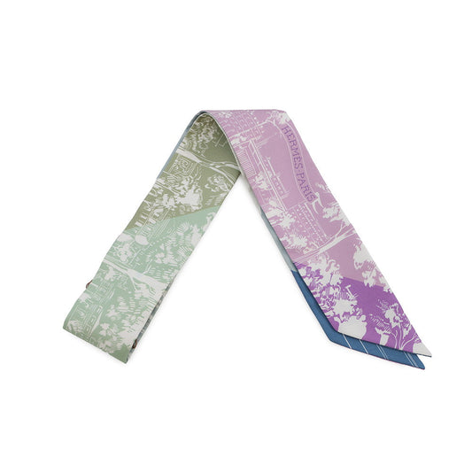 HERMES Twilly "From the Shadows of the Boulevard" Mauve / Green / White Silk100%