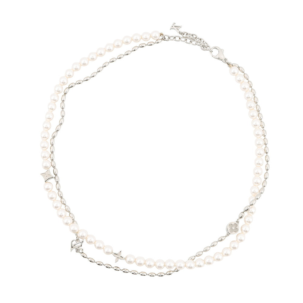 LOUIS VUITTON Fusion Necklace Silver/WhiteM01781 Metal Faux Pearl