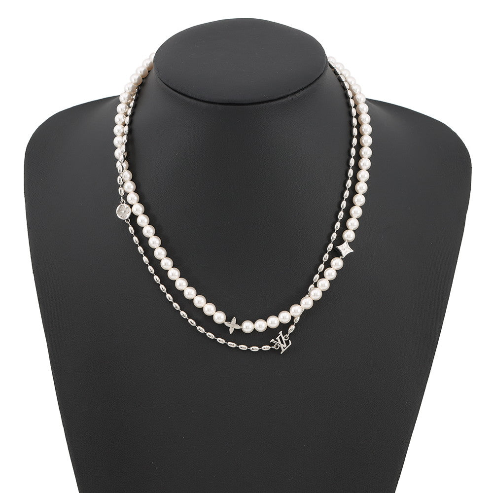 LOUIS VUITTON Fusion Necklace Silver/WhiteM01781 Metal Faux Pearl