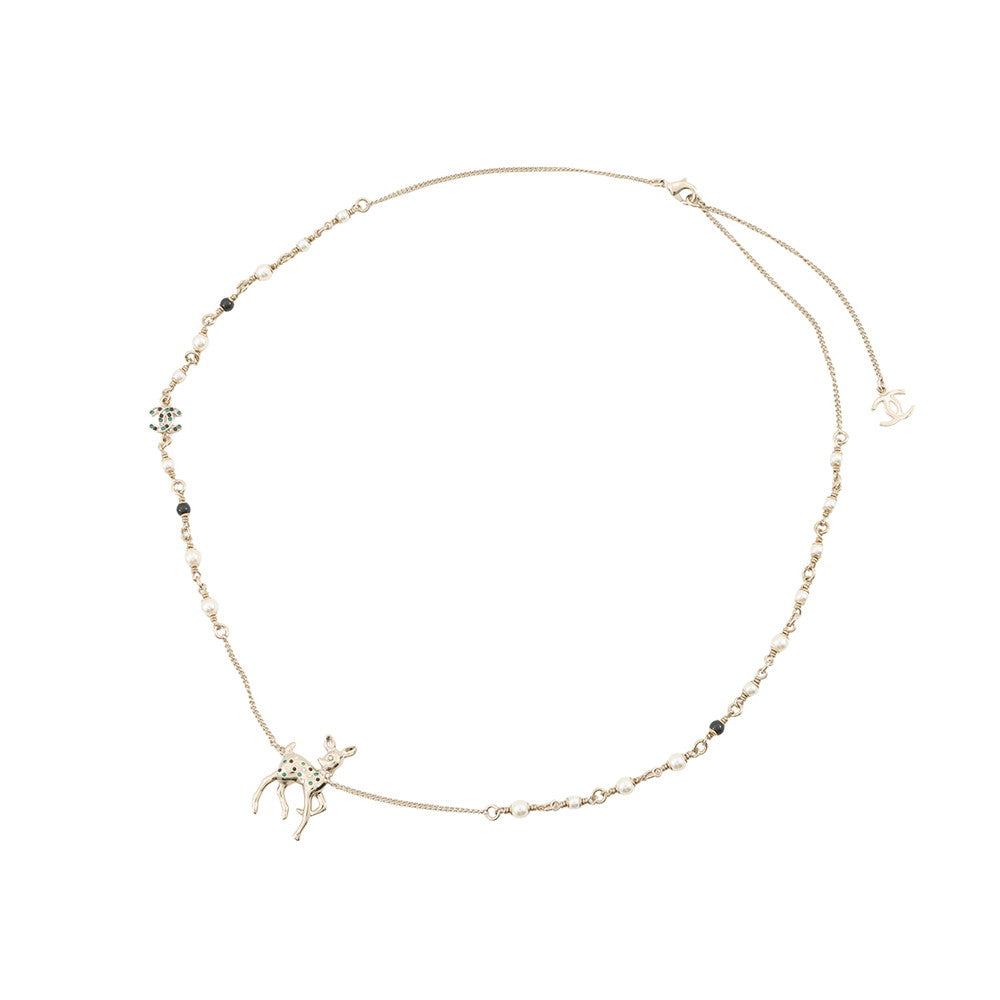 CHANEL CC Logo Bambi Motif Long Necklace Metal Faux Pearl Rhinestone