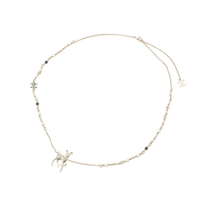 CHANEL CC Logo Bambi Motif Long Necklace Metal Faux Pearl Rhinestone