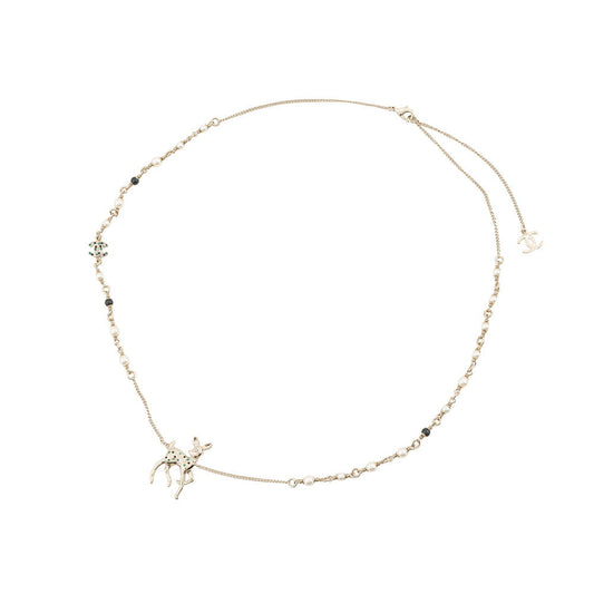 CHANEL CC Logo Bambi Motif Long Necklace Metal Faux Pearl Rhinestone