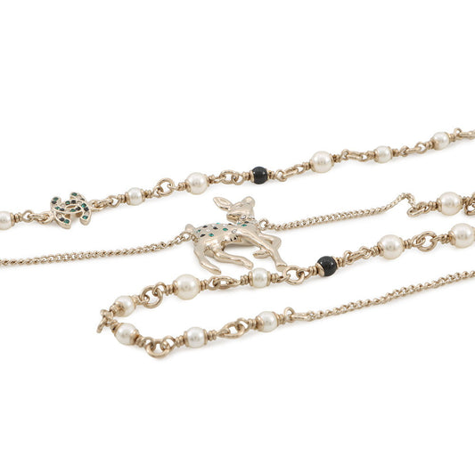 CHANEL CC Logo Bambi Motif Long Necklace Metal Faux Pearl Rhinestone