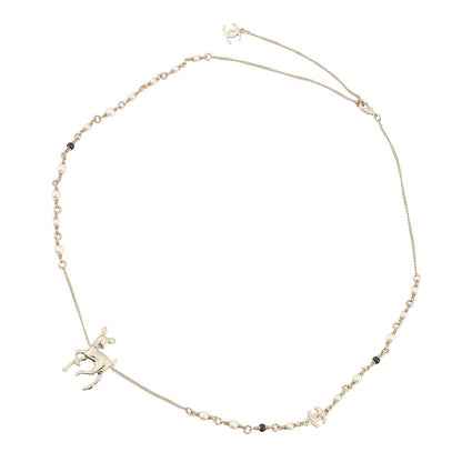 CHANEL CC Logo Bambi Motif Long Necklace Metal Faux Pearl Rhinestone