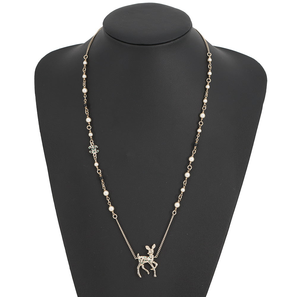 CHANEL CC Logo Bambi Motif Long Necklace Metal Faux Pearl Rhinestone