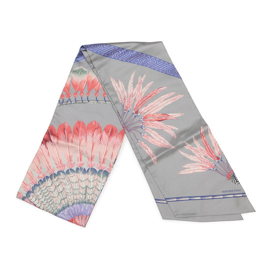 HERMES Maxi Twilly Peacock Feather Gray/Pink Silk100%