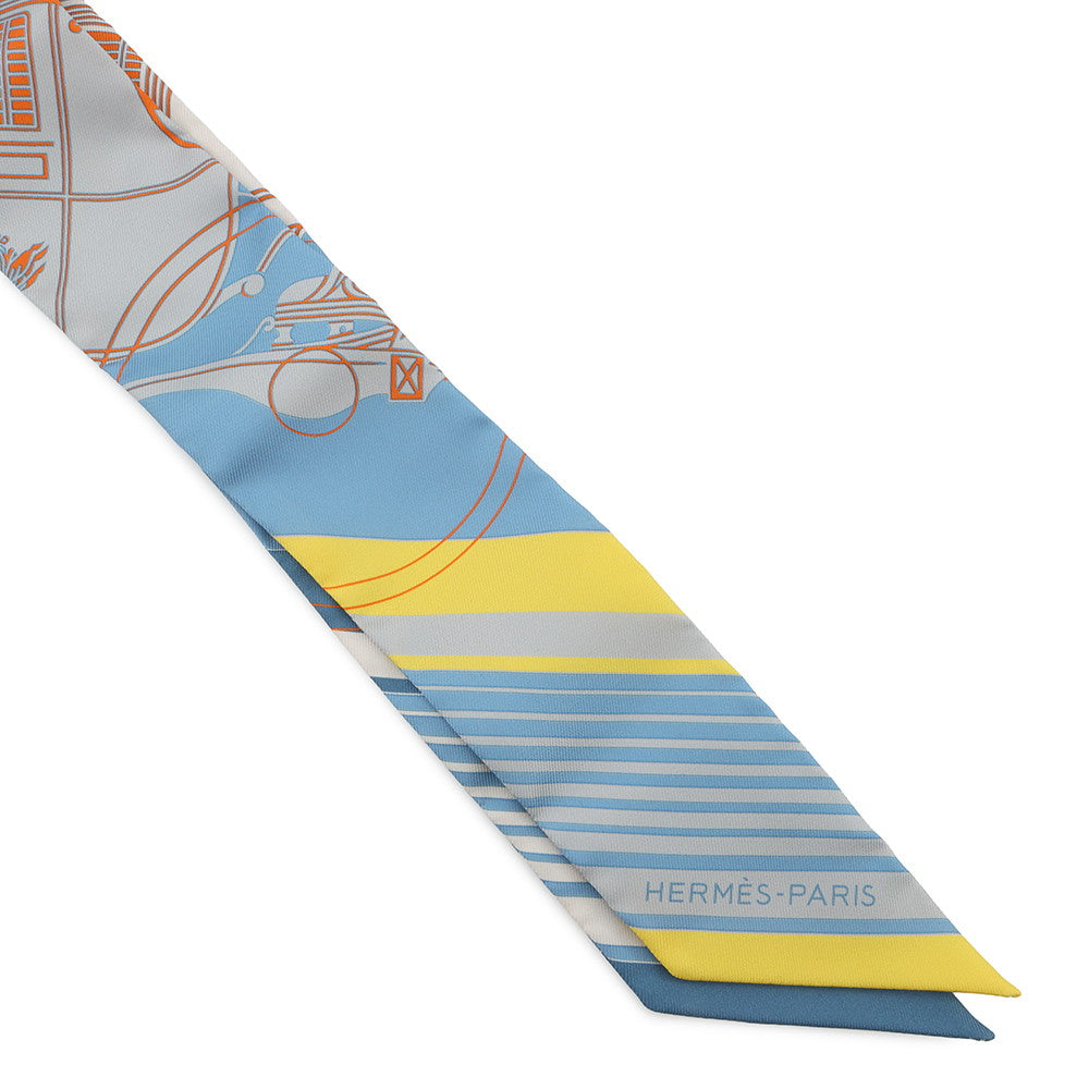 HERMES Twilly Ex-Libris Bleu Moyan/Jaune Viff/Orange Silk100%
