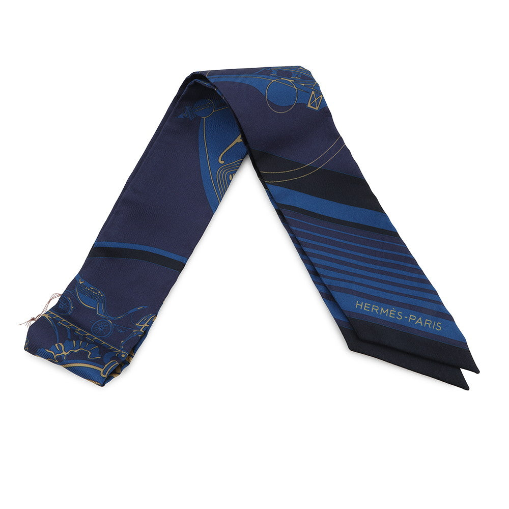 HERMES Twilly Ex-Libris Blue Indigo/Black/Beige Silk100%