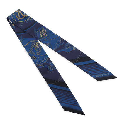 HERMES Twilly Ex-Libris Blue Indigo/Black/Beige Silk100%