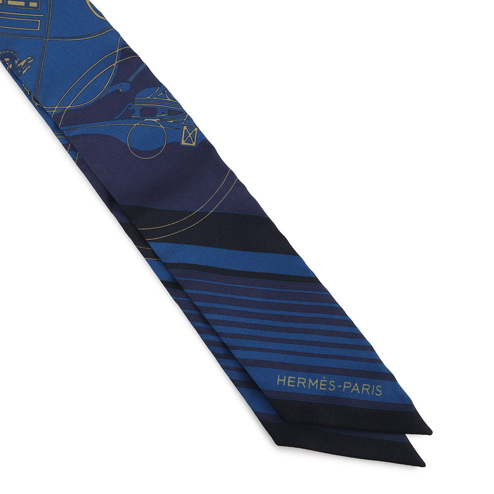 HERMES Twilly Ex-Libris Blue Indigo/Black/Beige Silk100%