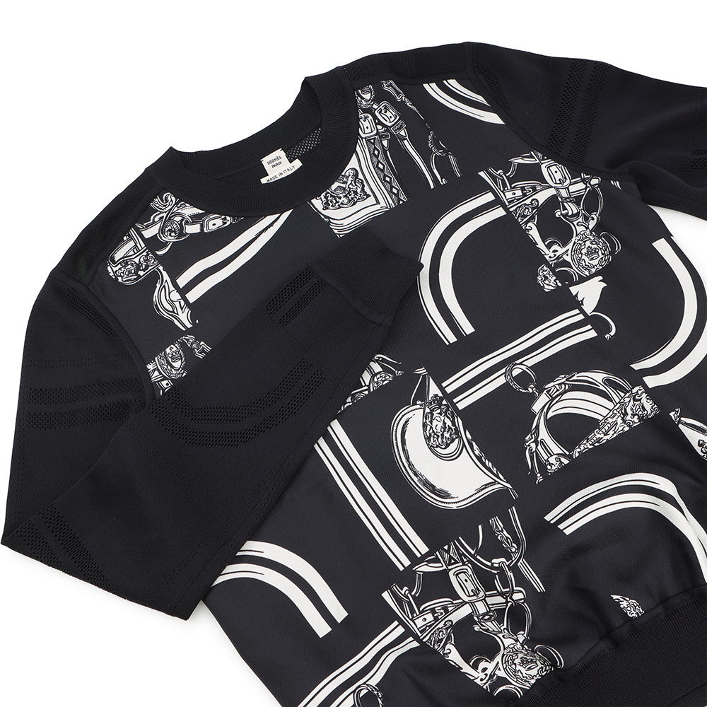 HERMES Twillaine Top Size 40 Black/White Silk 87% Polyamide 10% Elastane 3%