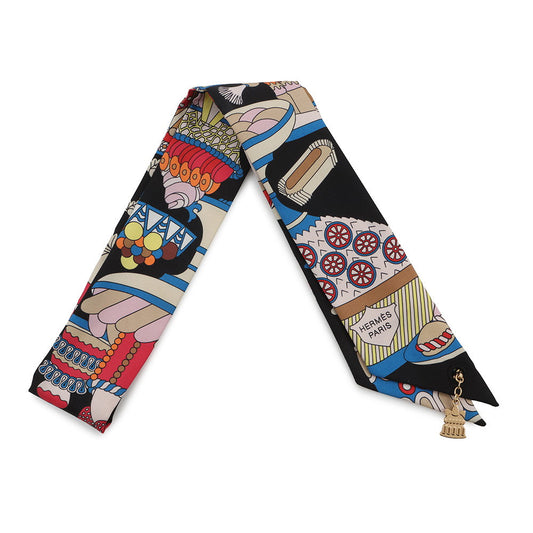 HERMES TwillyBag Charm - La Patisserie Francais 20th Anniversary Edition Black/Blanc/Blue Silk100%