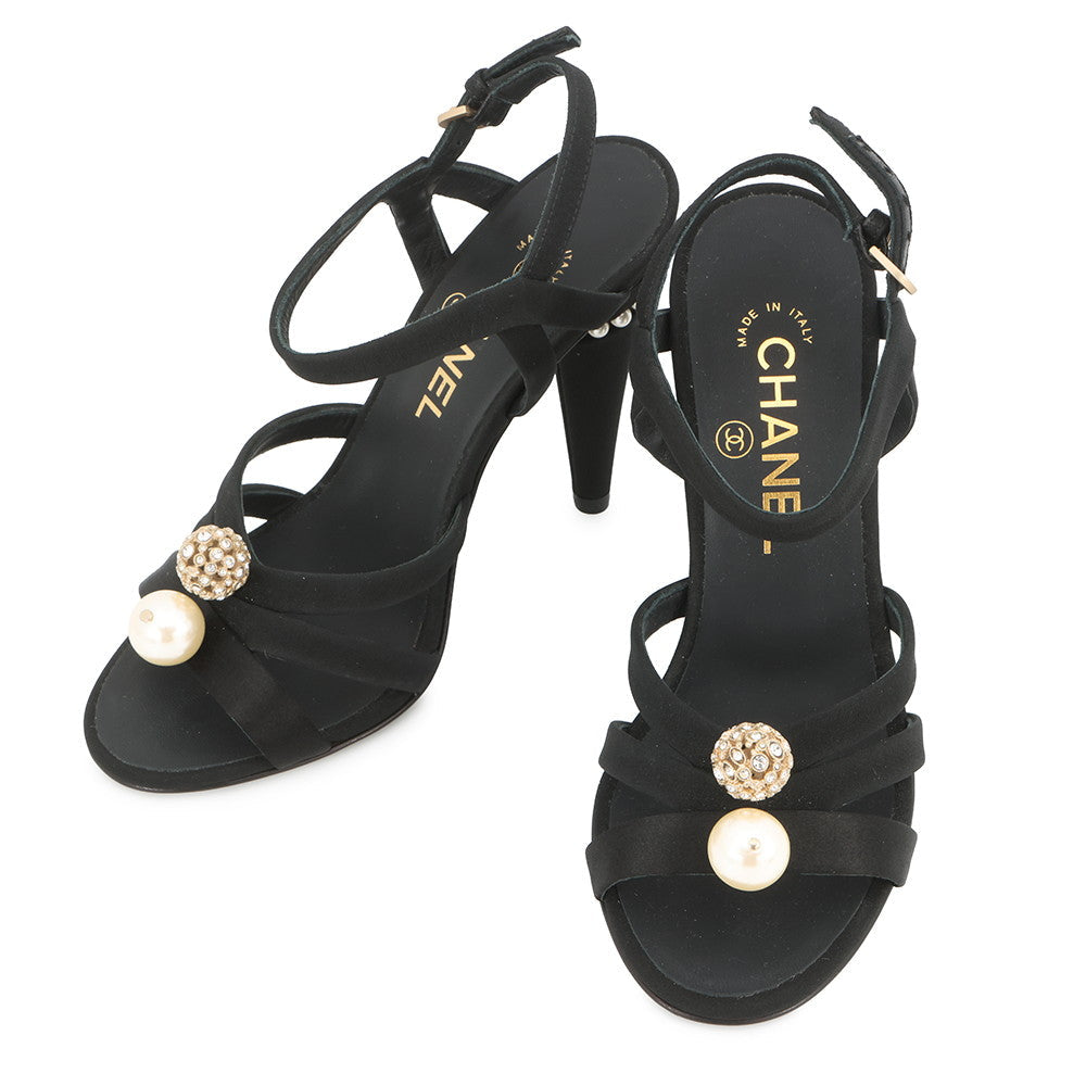 CHANEL Pearl Sandals Black Fabric Size 36