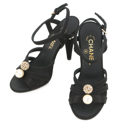 CHANEL Pearl Sandals Black Fabric Size 36