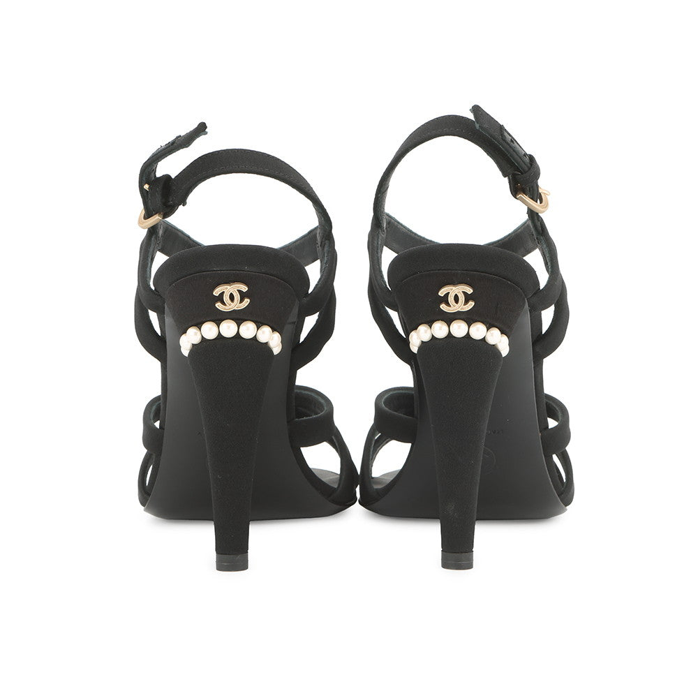 CHANEL Pearl Sandals Black Fabric Size 36