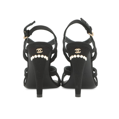 CHANEL Pearl Sandals Black Fabric Size 36