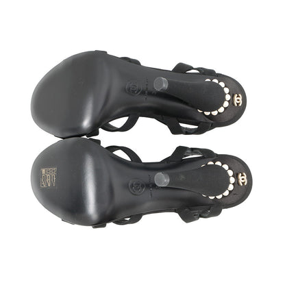 CHANEL Pearl Sandals Black Fabric Size 36