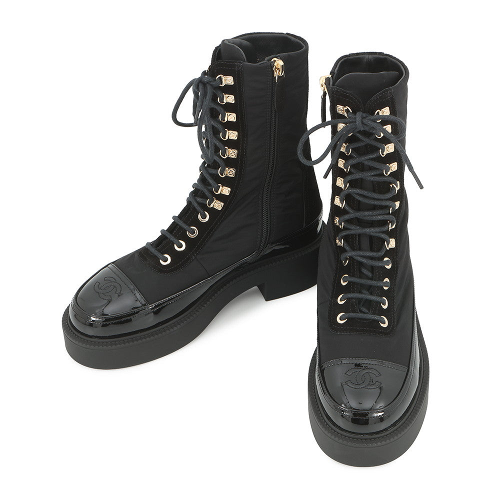 CHANEL CC Logo Lace-Up Boots BlackG38086 Nylon Patent Leather Size 36C