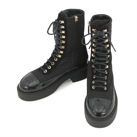 CHANEL CC Logo Lace-Up Boots BlackG38086 Nylon Patent Leather Size 36C