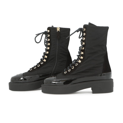 CHANEL CC Logo Lace-Up Boots BlackG38086 Nylon Patent Leather Size 36C