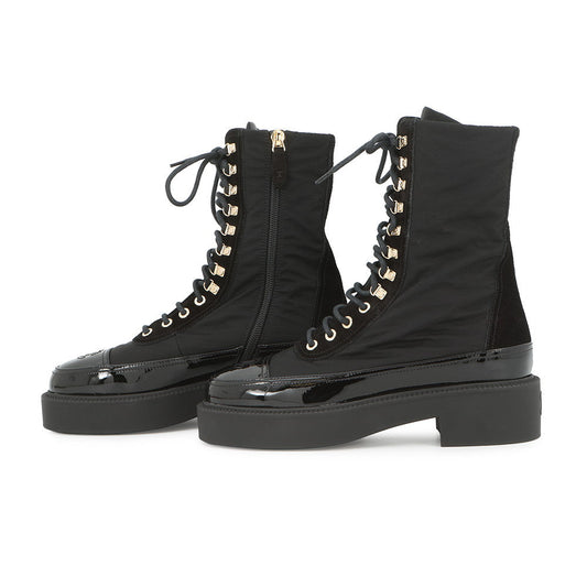 CHANEL CC Logo Lace-Up Boots BlackG38086 Nylon Patent Leather Size 36C