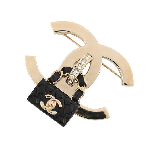 CHANEL CC Logo Bag Motif Brooch Gold/Black Gold Plated Leather Rhinestone