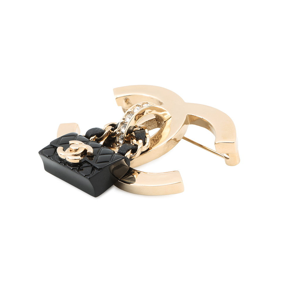 CHANEL CC Logo Bag Motif Brooch Gold/Black Gold Plated Leather Rhinestone