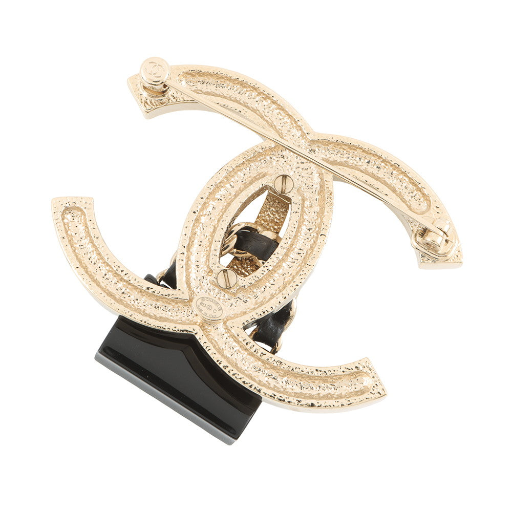 CHANEL CC Logo Bag Motif Brooch Gold/Black Gold Plated Leather Rhinestone