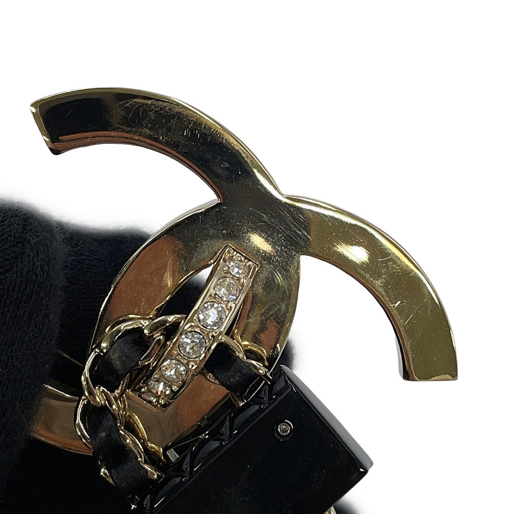 CHANEL CC Logo Bag Motif Brooch Gold/Black Gold Plated Leather Rhinestone