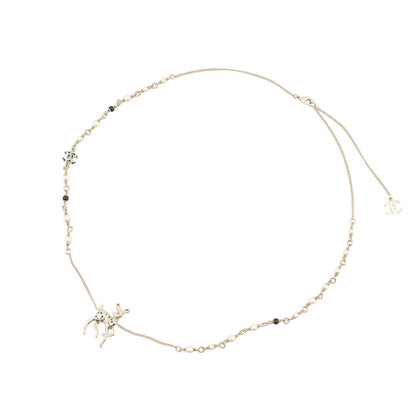 CHANEL CC Logo Bambi Motif Long Necklace Gold Plated Rhinestone Faux Pearl