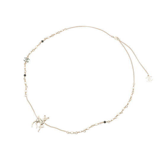 CHANEL CC Logo Bambi Motif Long Necklace Gold Plated Rhinestone Faux Pearl