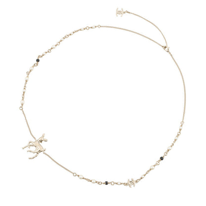 CHANEL CC Logo Bambi Motif Long Necklace Gold Plated Rhinestone Faux Pearl