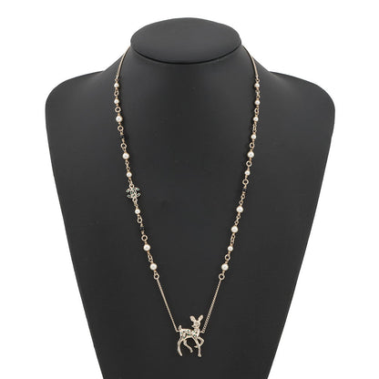 CHANEL CC Logo Bambi Motif Long Necklace Gold Plated Rhinestone Faux Pearl